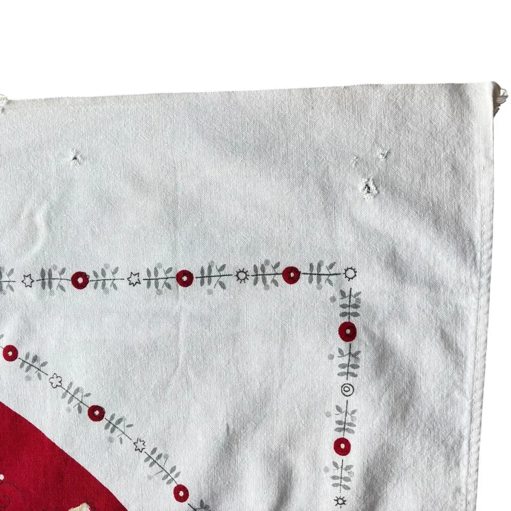 Red & white cotton tablecloth Pennsylvania Dutch motif mid century minor FLAWS